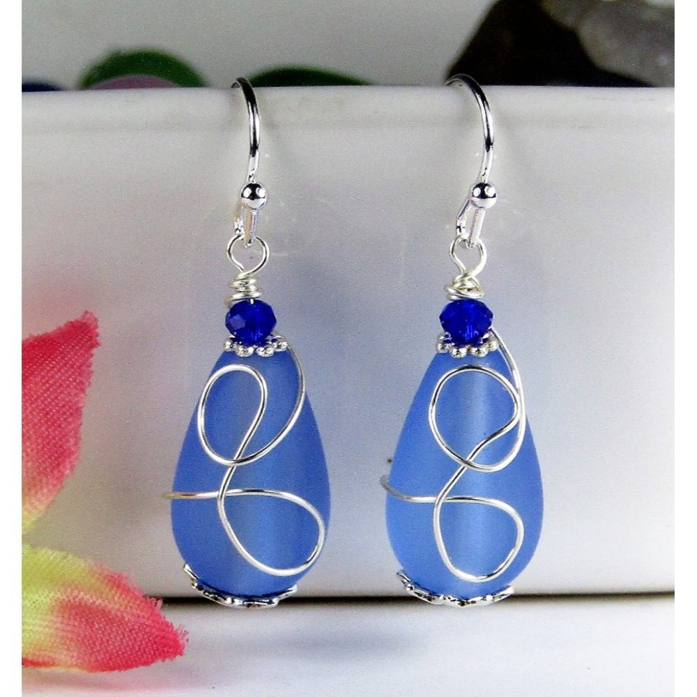 Cobalt Blue Sea Glass Dangle Earrings